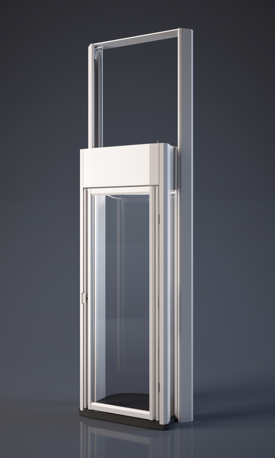 Moderner Plattformlift mit verglaster Kabine und schlanker Metallrahmen-Konstruktion vor dunklem Hintergrund.